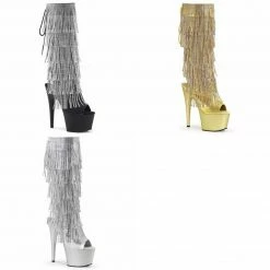 PLEASER Adore-2024RSF Black Silver Simulated Rhinestone Fringe Knee Boots