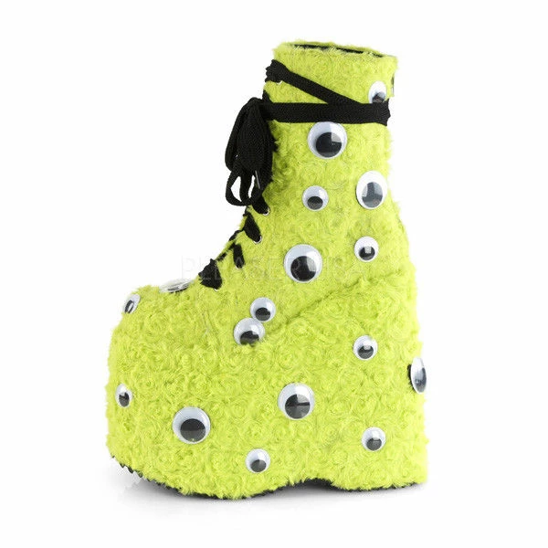 DEMONIA Slay-206 Lime Green Faux Fur Googly Eyes Funky 7" Platform Ankle Boots
