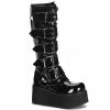 Mens/Unisex DEMONIA Trashville-518 Mens Black Patent Unisex Goth 5 Buckle Knee Boots