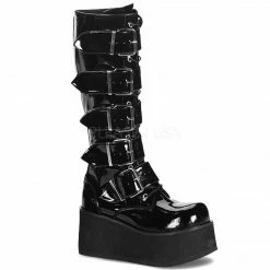Mens/Unisex DEMONIA Trashville-518 Mens Black Patent Unisex Goth 5 Buckle Knee Boots