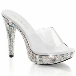 FABULICIOUS Cocktail-501DM Clear Rhinestones Wedding Party Platform Slides Heels
