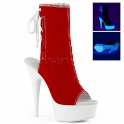 PLEASER Delight-1018SK Black Red Denim Blacklight Reactive Open Toe Back Boots