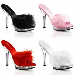 FABULICIOUS Lip-101-8 Sexy Satin Marabou Fur Fluffy Slippers Slides 5" Heels