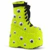 DEMONIA Slay-206 Lime Green Faux Fur Googly Eyes Funky 7" Platform Ankle Boots