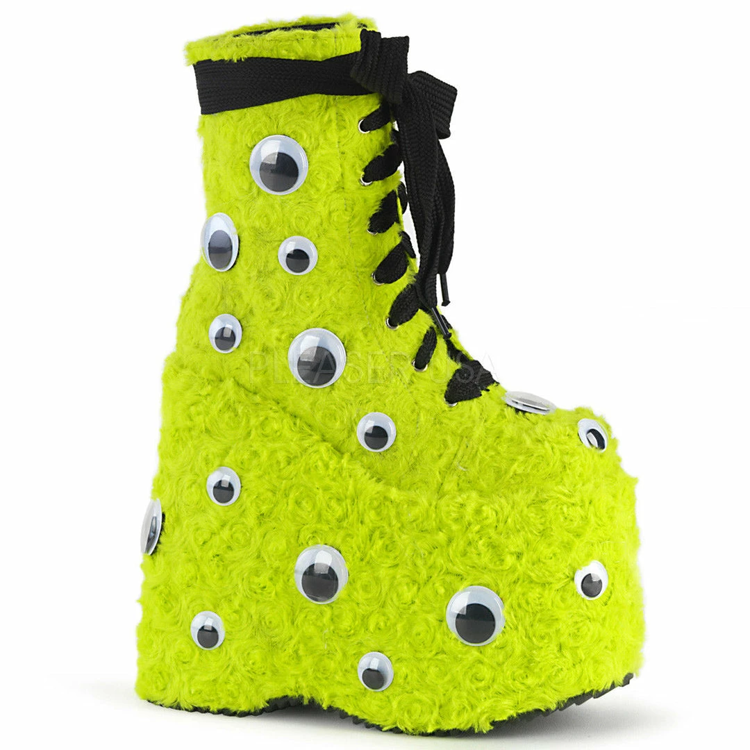 DEMONIA Slay-206 Lime Green Faux Fur Googly Eyes Funky 7" Platform Ankle Boots