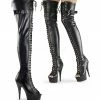 PLEASER Delight-3025 Black Stretch Faux Leather Lace Up Zipper 6" Thigh Boots