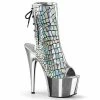 PLEASER Adore-1018HG Silver Hologram Ostrich Chrome Open Toe Platform Club Boots