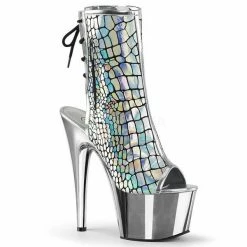 PLEASER Adore-1018HG Silver Hologram Ostrich Chrome Open Toe Platform Club Boots