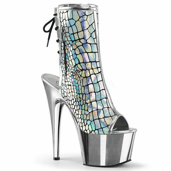 PLEASER Adore-1018HG Silver Hologram Ostrich Chrome Open Toe Platform Club Boots