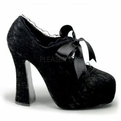 DEMONIA Demon-11 Black Satin Lace Goth Ribbon Bow Platforms Mary Janes 5" Heels