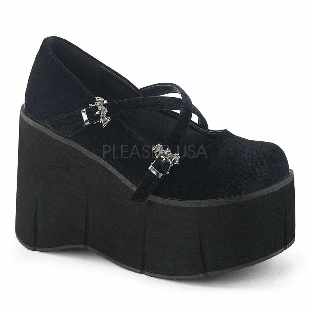 DEMONIA Kera-10 Black Velvet Goth Bat Mary Janes Platform Shoes