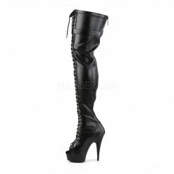 PLEASER Delight-3025 Black Stretch Faux Leather Lace Up Zipper 6