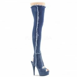 PLEASER Delight-3030 Blue Denim Jean Fabric Cutout Cut Out 6" Thigh High Boots
