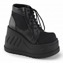 DEMONIA Stomp-10 Black Canvas Vegan Leather Goth Platforms Ankle Boots Booties