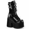 DEMONIA Camel-250 Black Patent Goth Calf Chunky 5" Heel Platform Boots