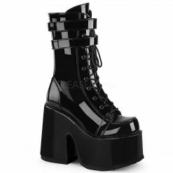 DEMONIA Camel-250 Black Patent Goth Calf Chunky 5" Heel Platform Boots