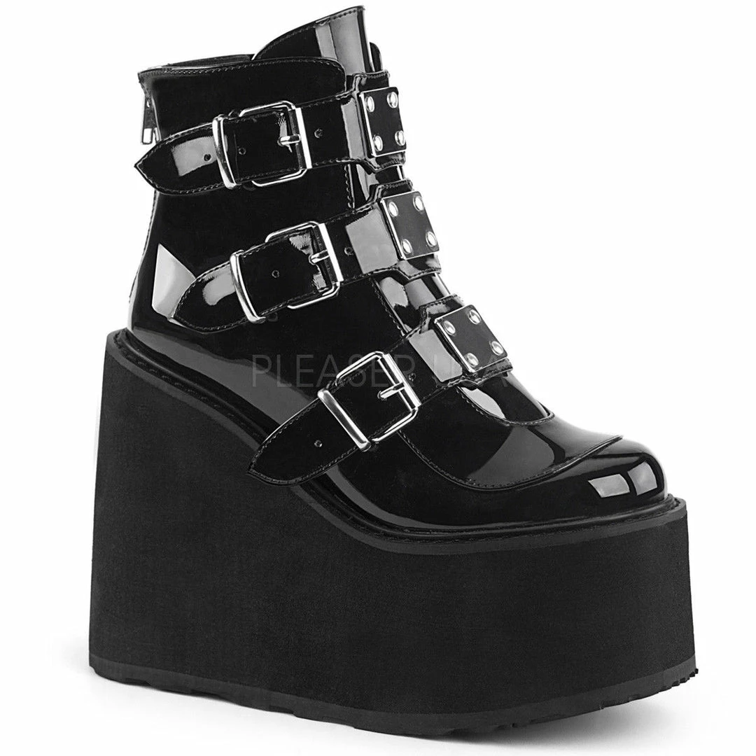DEMONIA Swing-105 Black Patent Metal Plates Goth Platform Ankle Boots