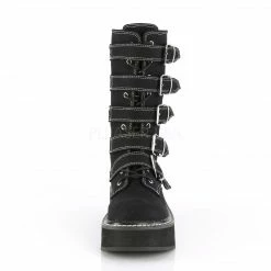DEMONIA Emily-341 Women's Black Canvas Goth 5 Buckle 2" Platforms Mid Calf Boots