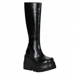 DEMONIA Shaker-100 Black Vegan Leather Goth Metal Platforms Wedges Knee Boots