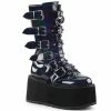 DEMONIA Damned-225 Black Hologram Vegan Leather Goth Spike Buckles Calf Boots