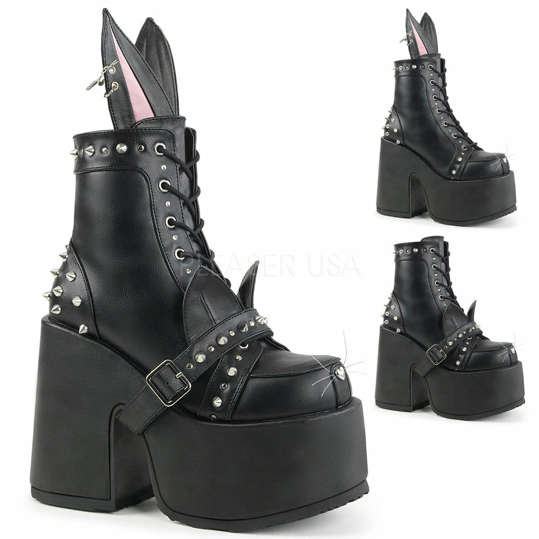 DEMONIA Camel-202 Interchangeable Cat / Bunny Ears Goth Platforms Ankle Boots