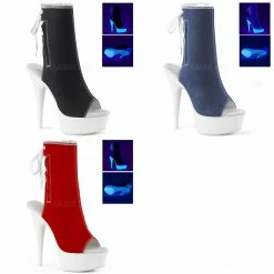 PLEASER Delight-1018SK Black Red Denim Blacklight Reactive Open Toe Back Boots