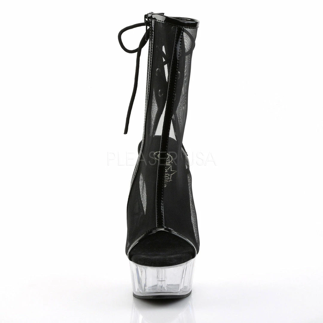 PLEASER Delight-1018MSH Black Silver Mesh Pole Dance Club Open Toe Back 6" Boots