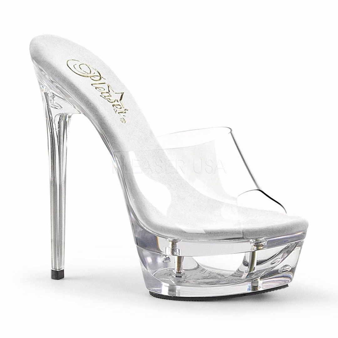 PLEASER Eclipse-601 Clear See Through Cut Out Platforms Slides Mules 6.5" Heels