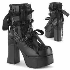 DEMONIA Charade-110 Black Goth Ribbon Lace Chains Thick Block Heel Ankle Boots