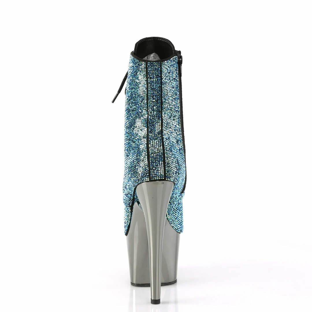 PLEASER Adore-1020CHRS Turquoise Rhinestone Chrome Burlesque Ankle Platform Boot Boots