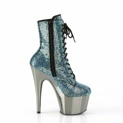 PLEASER Adore-1020CHRS Turquoise Rhinestone Chrome Burlesque Ankle Platform Boot Boots
