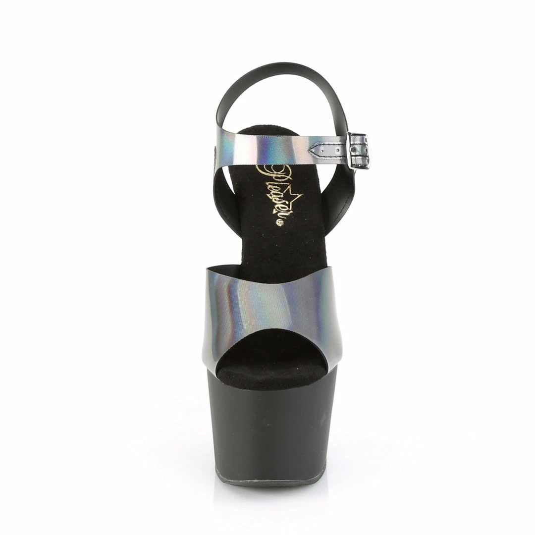 PLEASER Adore-708N-DT Pewter Hologram TPU 7" Ankle Straps Pole Platforms Heels