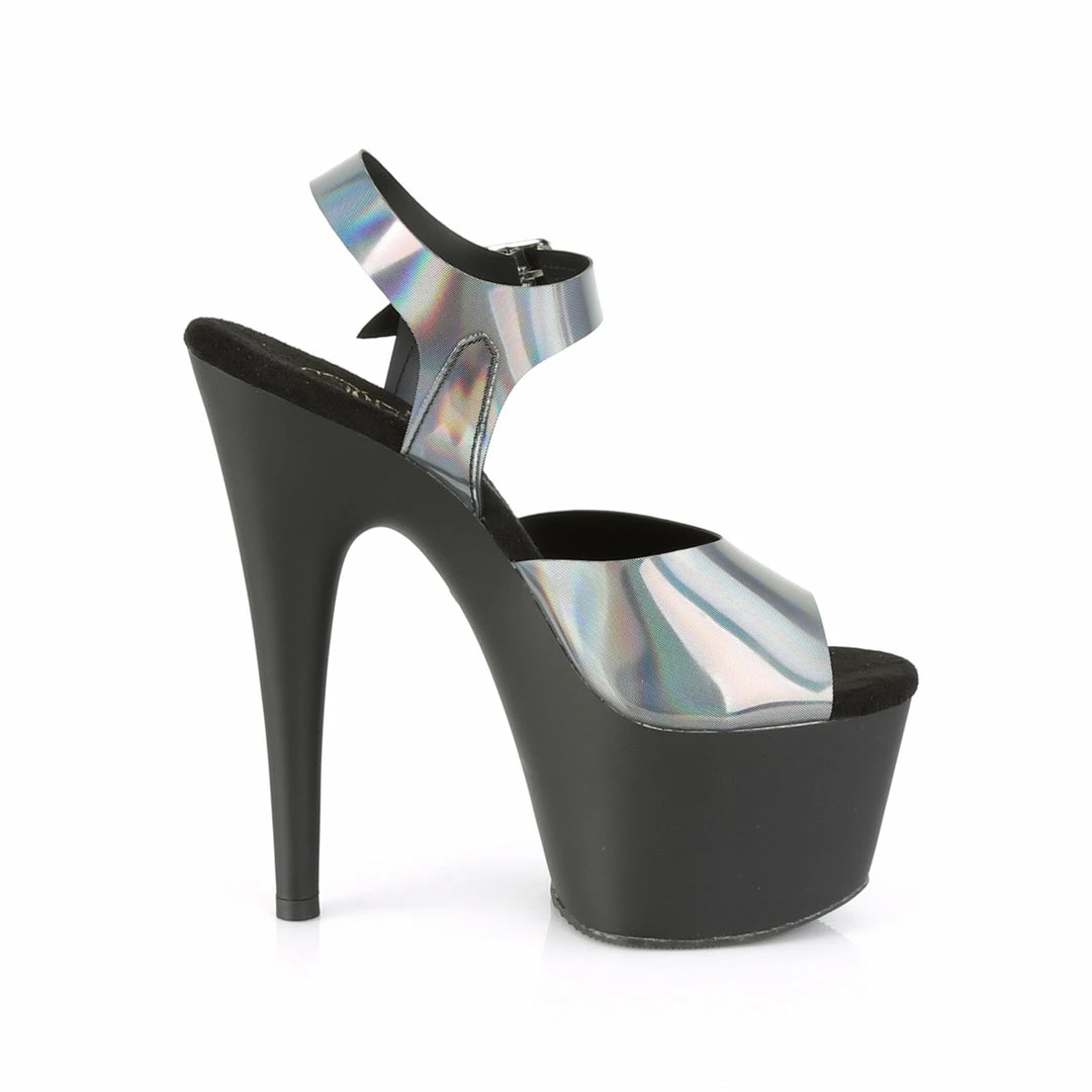 PLEASER Adore-708N-DT Pewter Hologram TPU 7" Ankle Straps Pole Platforms Heels