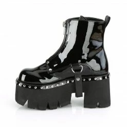 DEMONIA Ashes-100 Women's Black Patent Harness Strap Zipper Ankle Boots