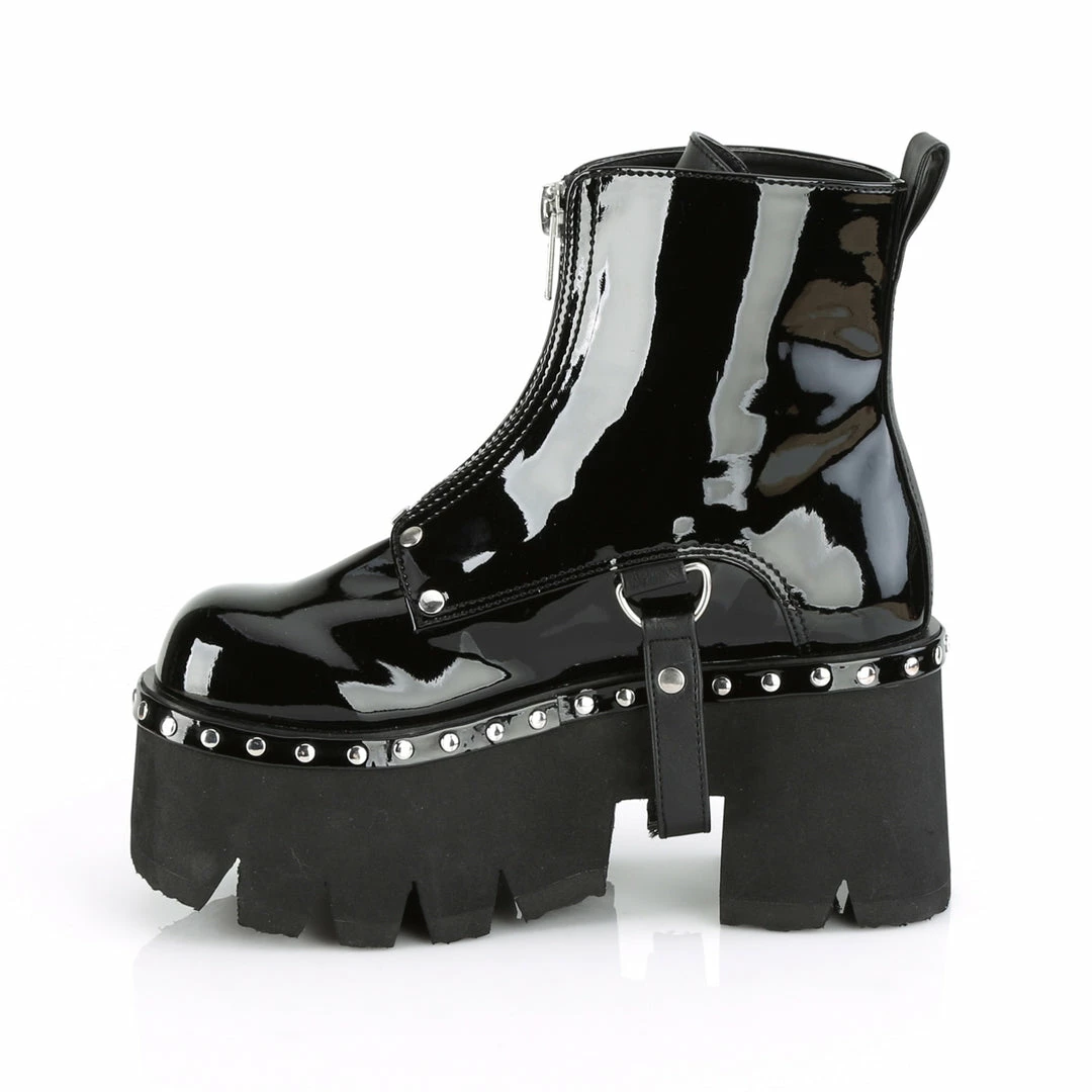 DEMONIA Ashes-100 Women's Black Patent Harness Strap Zipper Ankle Boots