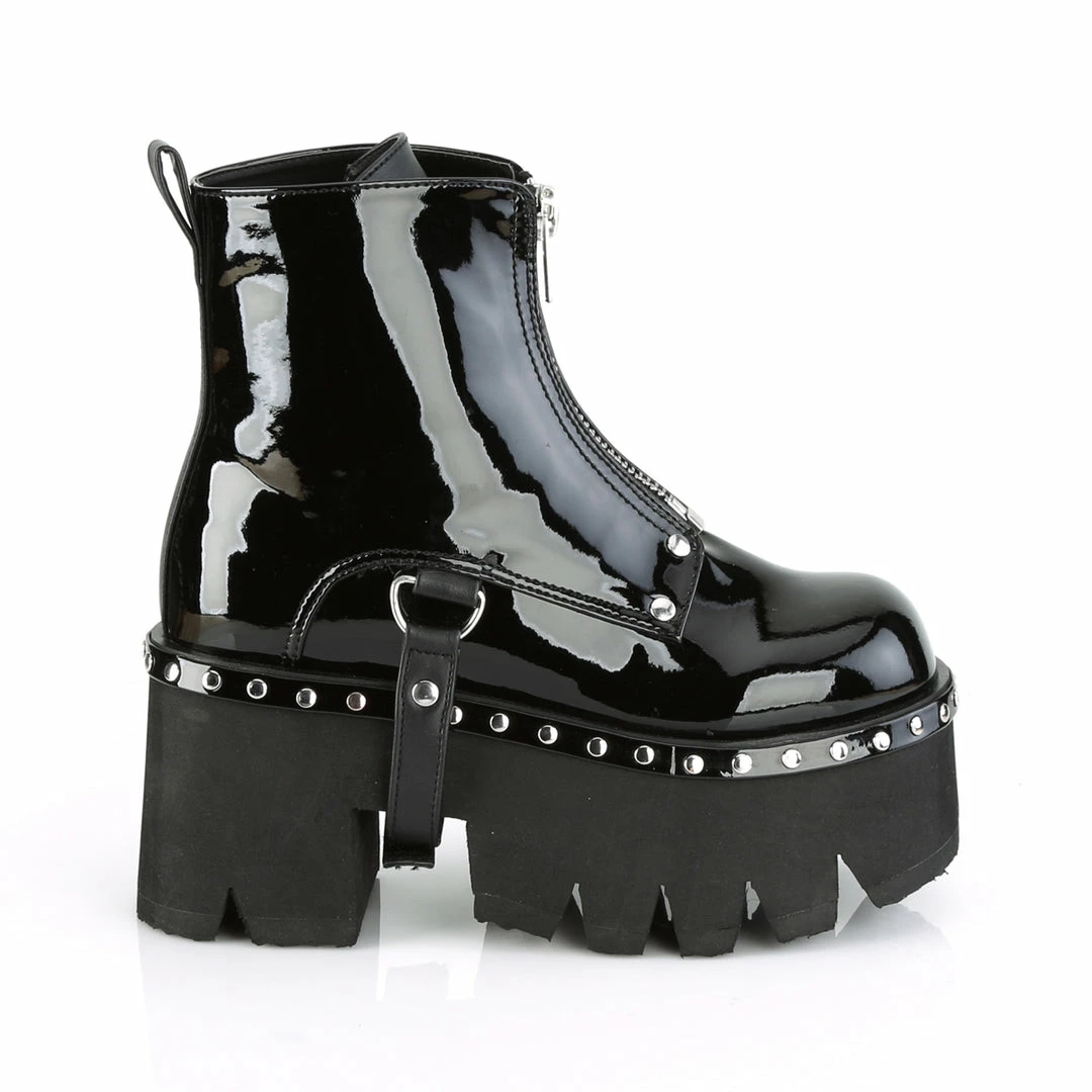 DEMONIA Ashes-100 Women's Black Patent Harness Strap Zipper Ankle Boots
