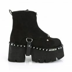 DEMONIA Ashes-100 Women's Black Vegan Suede Harness Strap Zipper Ankle Boots