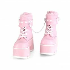 A Shoe Addiction DEMONIA Ashes-57 Pink Heart Stud Fur Removeable Strap Chain 3.25" Platform Boot