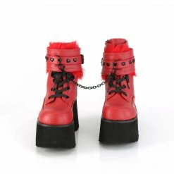 A Shoe Addiction DEMONIA Ashes-57 Red Heart Stud Fur Removeable Strap Chain 3.25" Platform Boot Boots