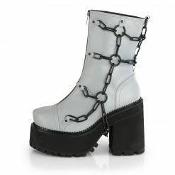 DEMONIA Assault-66 Women's Grey Reflective Goth Cage Chain Combat Platform Boots