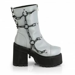 DEMONIA Assault-66 Women's Grey Reflective Goth Cage Chain Combat Platform Boots