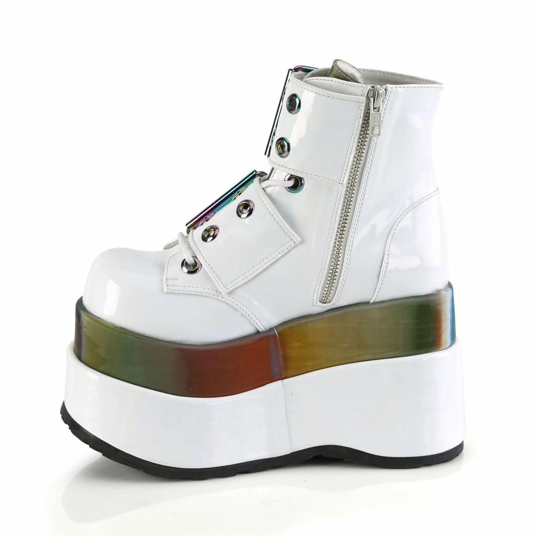 DEMONIA Bear-104 White Double Grommet Buckles Rainbow Tiered 4.5" Platform Boots