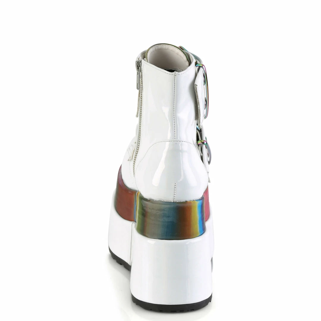 DEMONIA Bear-104 White Double Grommet Buckles Rainbow Tiered 4.5" Platform Boots