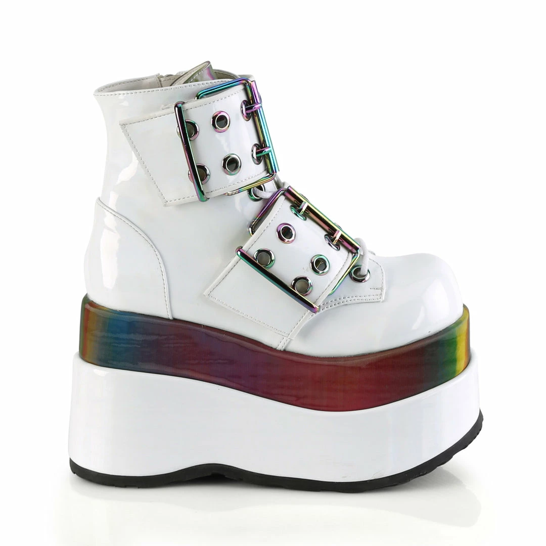 DEMONIA Bear-104 White Double Grommet Buckles Rainbow Tiered 4.5" Platform Boots