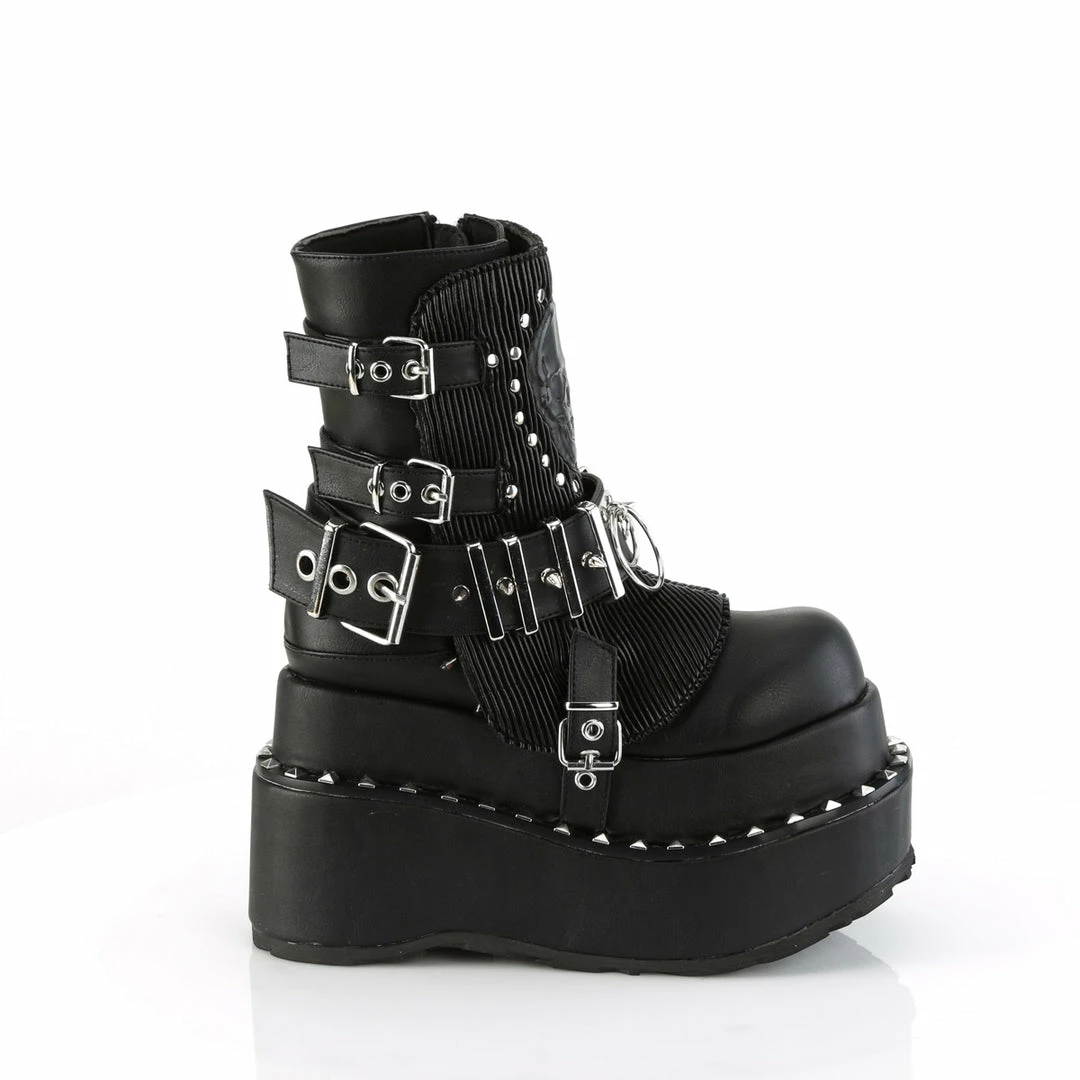 DEMONIA Bear-150 Goth Skull Quilted Tiered Studded 4.5" Platform Ankle Boots