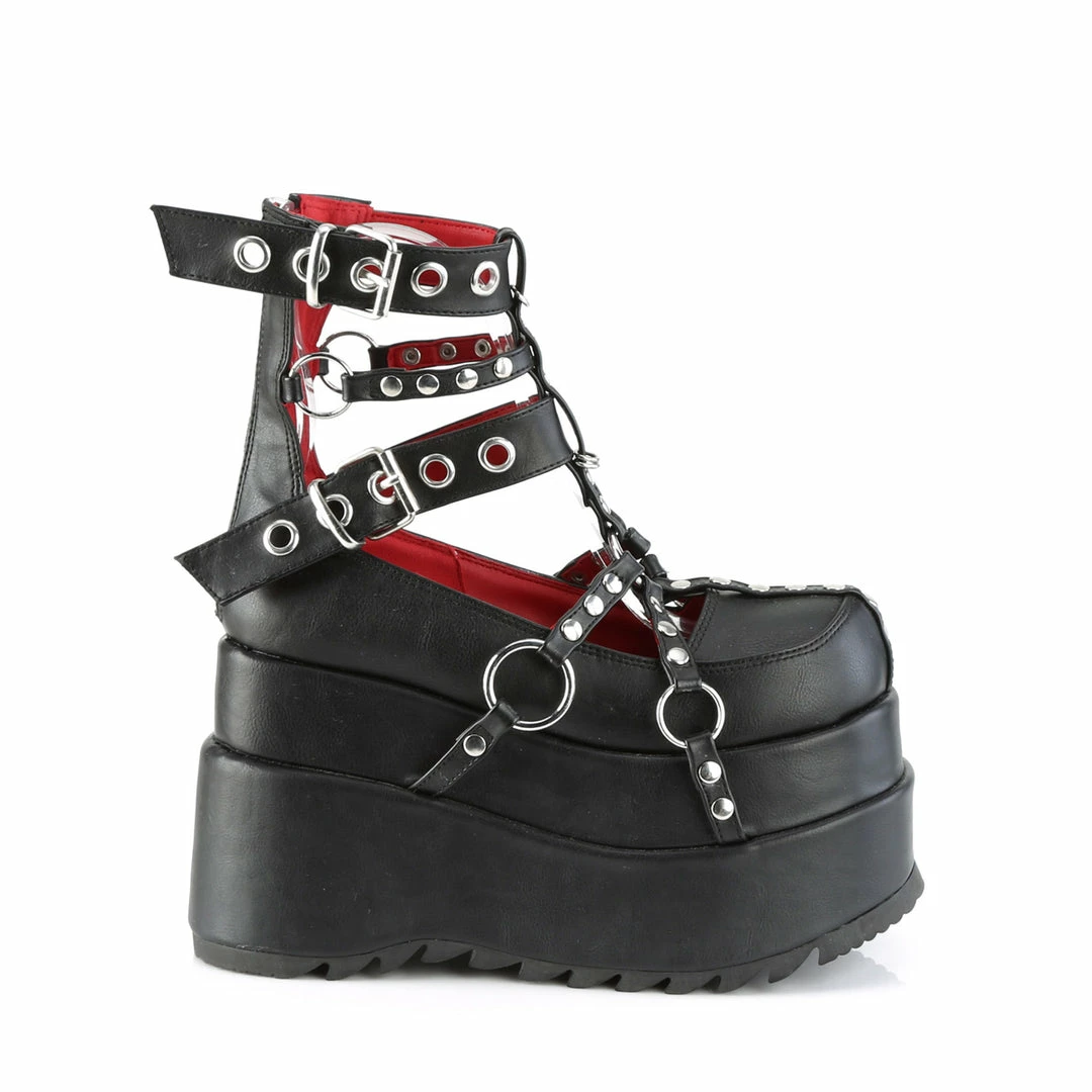 DEMONIA Bear-28 Black O Ring Studs Straps Tiered 4.5" Platform Ankle Cage Boots