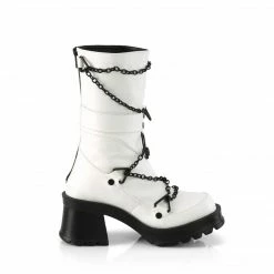 DEMONIA Bratty-120 Women's White Skull O Ring Chains Goth Mid Calf Boots