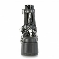 Heels DEMONIA Camel-205 Black Chains Lock & Key Goth Chunky Heel Ankle Boots