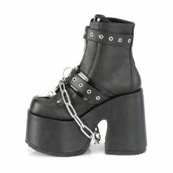 Heels DEMONIA Camel-205 Black Chains Lock & Key Goth Chunky Heel Ankle Boots