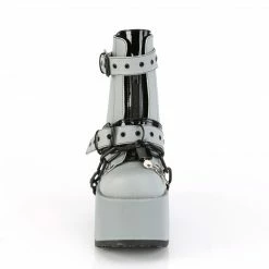 DEMONIA Camel-205 Grey Reflective Chains Lock & Key Goth Chunky Heel Ankle Boots Heels